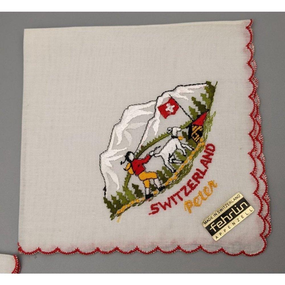 Vintage Handkerchief Embroidered FEHRLIN APPENZELL Switzerland Peter